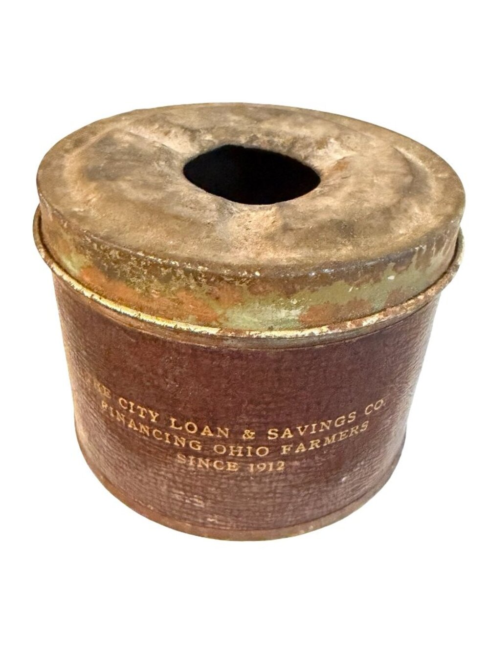 Vintage City Loan & Savings Co Ohio Farmers Advertising Leather Wrapped Metal As